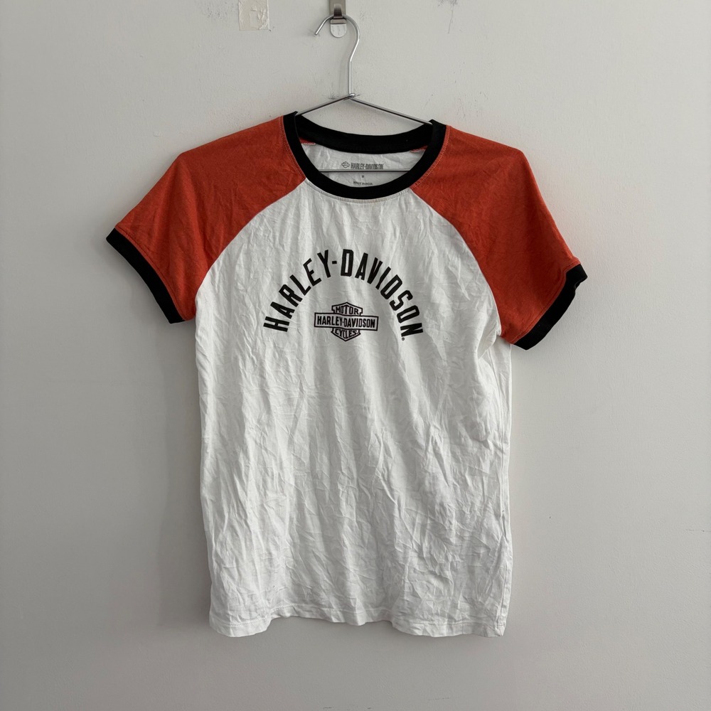 Harley-Davidson Womens Colorblock Raglan Graphic T-Shirt Orange White M